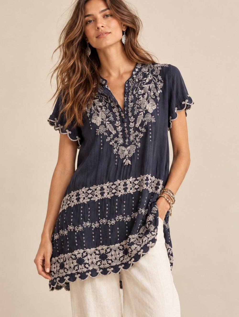 JOHNNY WAS Fletcher Embroidered Tunic Top Blue Grey Oversized Small